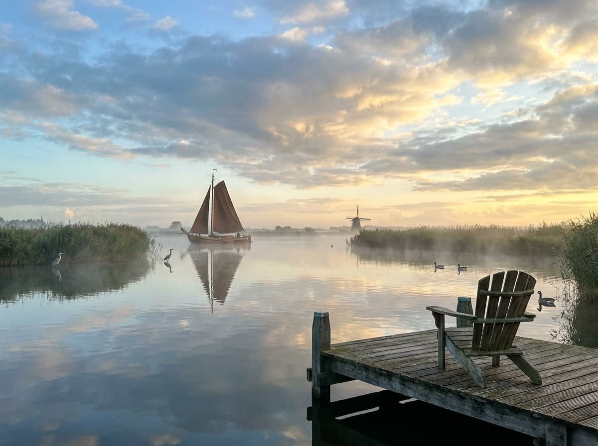 Sereen waterschap bij zonsopgang in Groningen